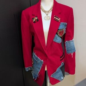 Red Custom Patchwork Denim And Rhinestone Hearts Blazer